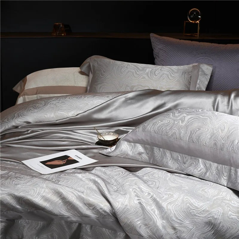 Water Patterned Jacquard 1000TC Eyptian Cotton Bedding White Rich Silk Silky Soft Wrinkle Free Duvet cover Flat sheet Pillowcase