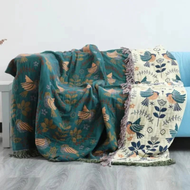 Boho Bed Throw Super Soft Country Quilt Bird Print Farmhouse Decorative Bed Blanket Four Seasons Country Style Sofa Blanket