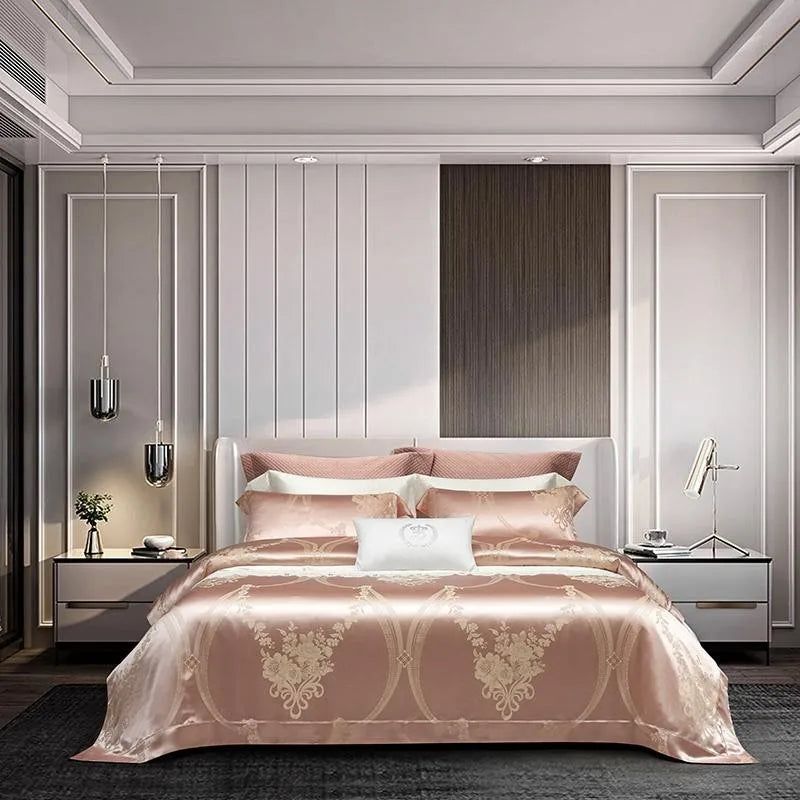 100% Pure Mulberry Nature Silk Jacquard Duvet Cover King size 4Pcs Luxury Silk Bedding Set Flat Bed Sheet,Pillowcases Cool Soft