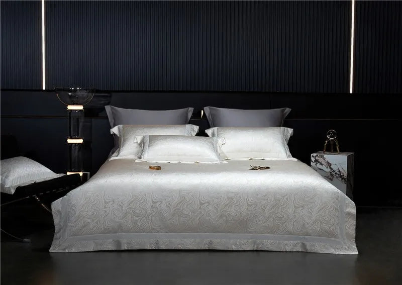Water Patterned Jacquard 1000TC Eyptian Cotton Bedding White Rich Silk Silky Soft Wrinkle Free Duvet cover Flat sheet Pillowcase