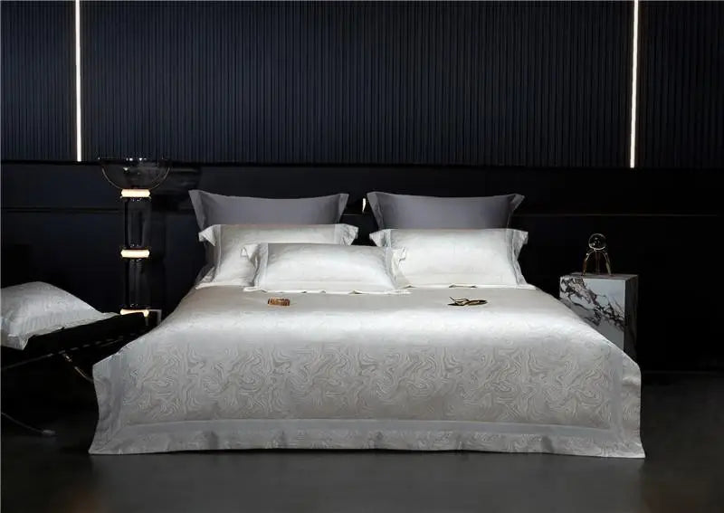 Water Patterned Jacquard 1000TC Eyptian Cotton Bedding White Rich Silk Silky Soft Wrinkle Free Duvet cover Flat sheet Pillowcase