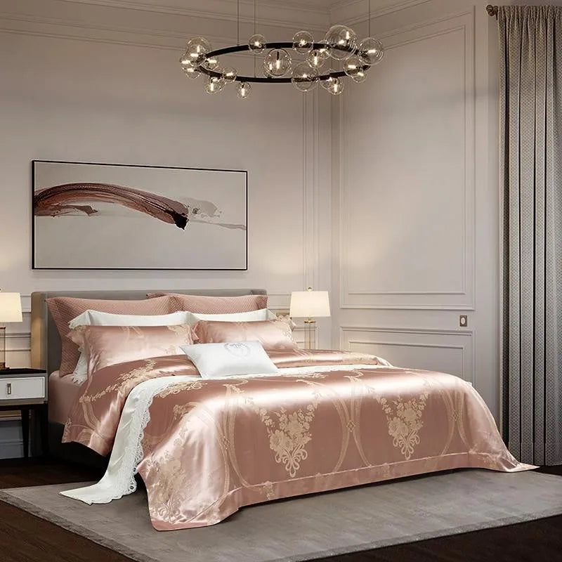 100% Pure Mulberry Nature Silk Jacquard Duvet Cover King size 4Pcs Luxury Silk Bedding Set Flat Bed Sheet,Pillowcases Cool Soft