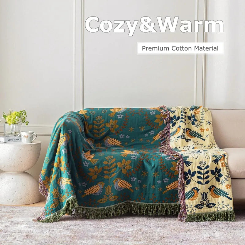 Boho Bed Throw Super Soft Country Quilt Bird Print Farmhouse Decorative Bed Blanket Four Seasons Country Style Sofa Blanket