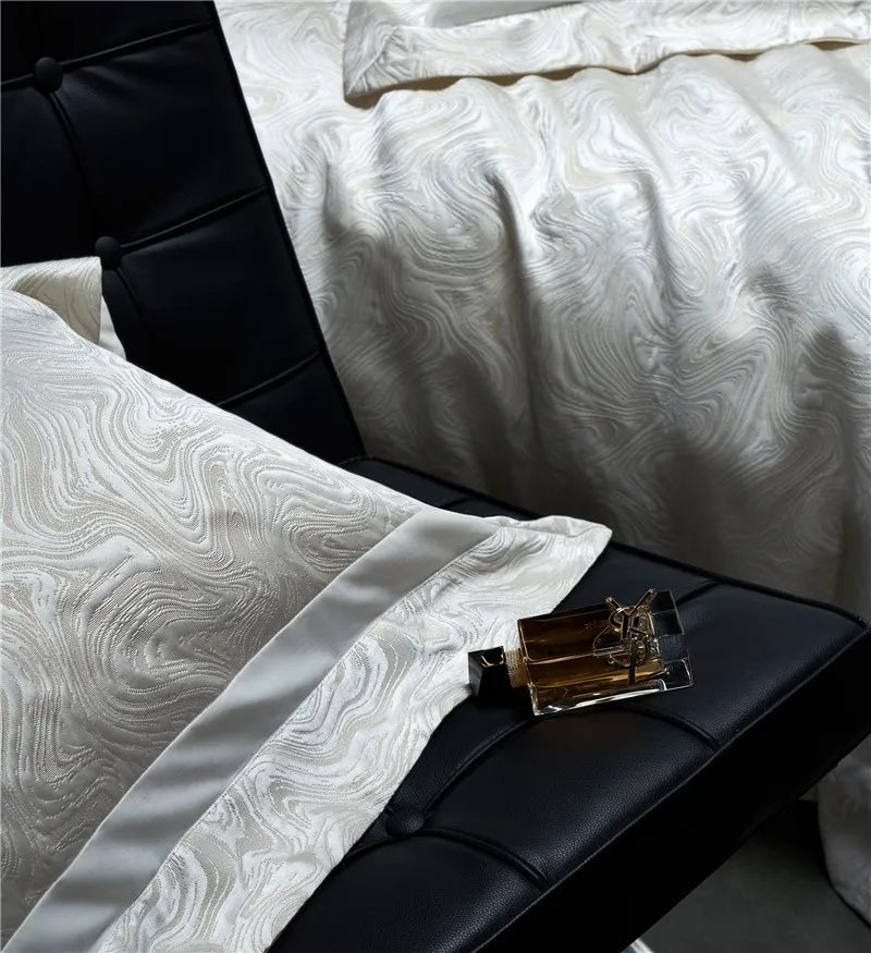 Water Patterned Jacquard 1000TC Eyptian Cotton Bedding White Rich Silk Silky Soft Wrinkle Free Duvet cover Flat sheet Pillowcase