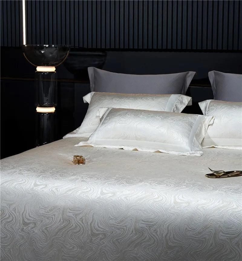 Water Patterned Jacquard 1000TC Eyptian Cotton Bedding White Rich Silk Silky Soft Wrinkle Free Duvet cover Flat sheet Pillowcase