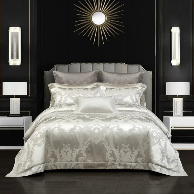 100% Pure Mulberry Nature Silk Jacquard Duvet Cover King size 4Pcs Luxury Silk Bedding Set Flat Bed Sheet,Pillowcases Cool Soft