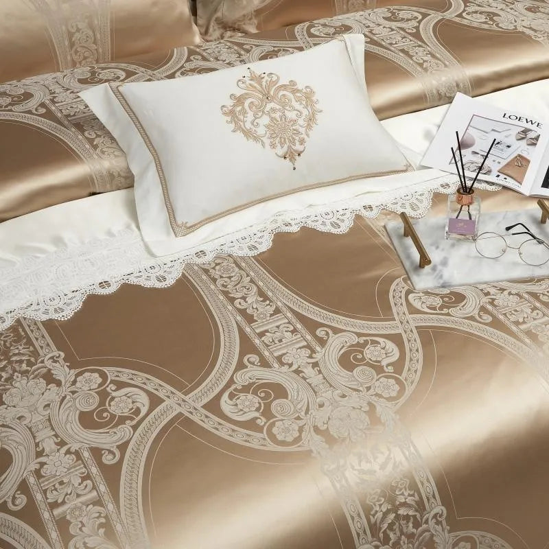 100% Pure Mulberry Nature Silk Jacquard Duvet Cover King size 4Pcs Luxury Silk Bedding Set Flat Bed Sheet,Pillowcases Cool Soft