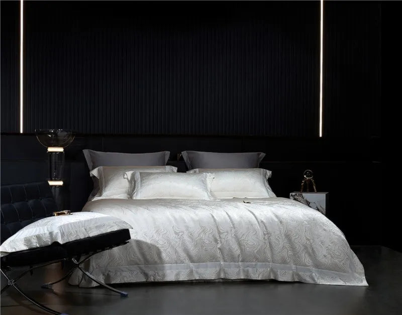 Water Patterned Jacquard 1000TC Eyptian Cotton Bedding White Rich Silk Silky Soft Wrinkle Free Duvet cover Flat sheet Pillowcase