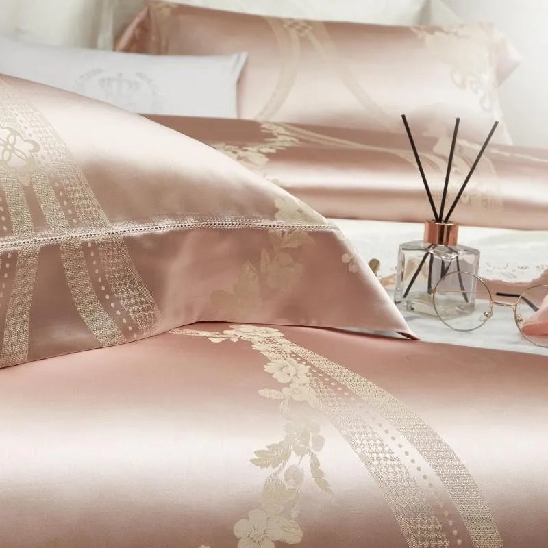 100% Pure Mulberry Nature Silk Jacquard Duvet Cover King size 4Pcs Luxury Silk Bedding Set Flat Bed Sheet,Pillowcases Cool Soft