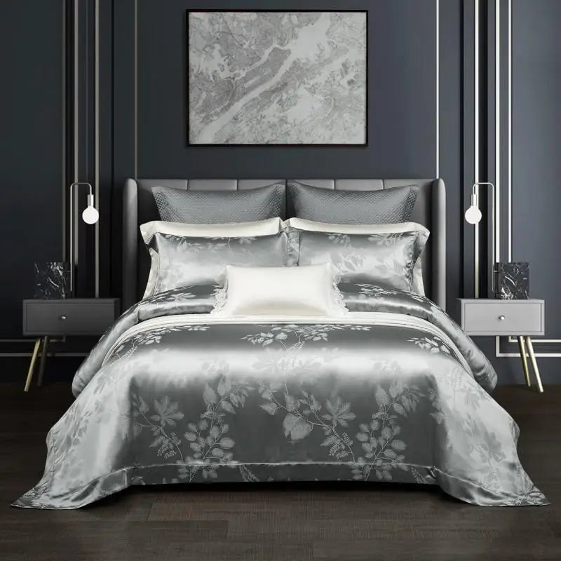 100% Pure Mulberry Nature Silk Jacquard Duvet Cover King size 4Pcs Luxury Silk Bedding Set Flat Bed Sheet,Pillowcases Cool Soft