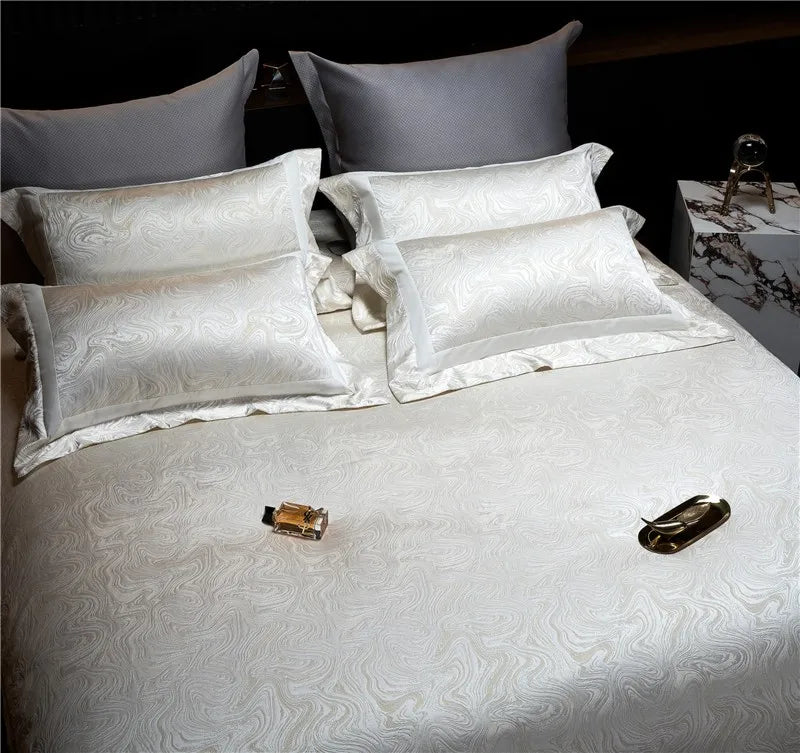 Water Patterned Jacquard 1000TC Eyptian Cotton Bedding White Rich Silk Silky Soft Wrinkle Free Duvet cover Flat sheet Pillowcase