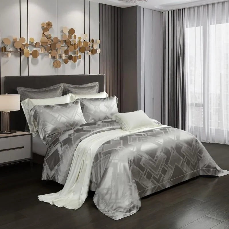100% Pure Mulberry Nature Silk Jacquard Duvet Cover King size 4Pcs Luxury Silk Bedding Set Flat Bed Sheet,Pillowcases Cool Soft