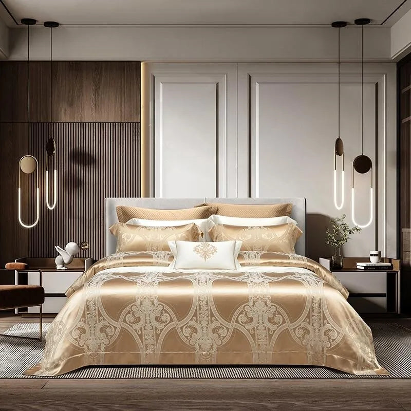100% Pure Mulberry Nature Silk Jacquard Duvet Cover King size 4Pcs Luxury Silk Bedding Set Flat Bed Sheet,Pillowcases Cool Soft