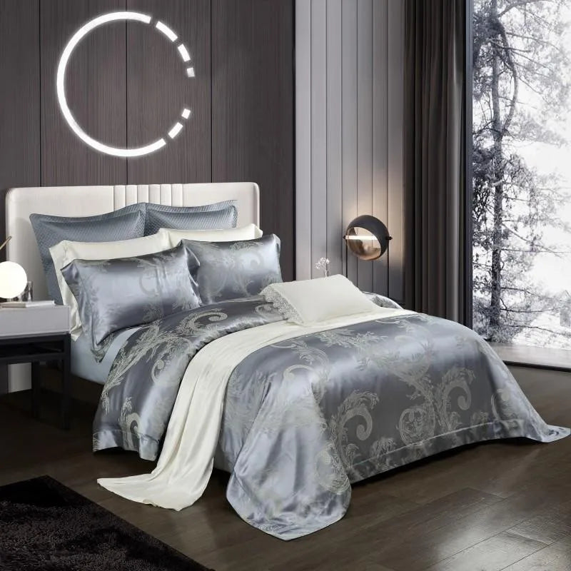 100% Pure Mulberry Nature Silk Jacquard Duvet Cover King size 4Pcs Luxury Silk Bedding Set Flat Bed Sheet,Pillowcases Cool Soft