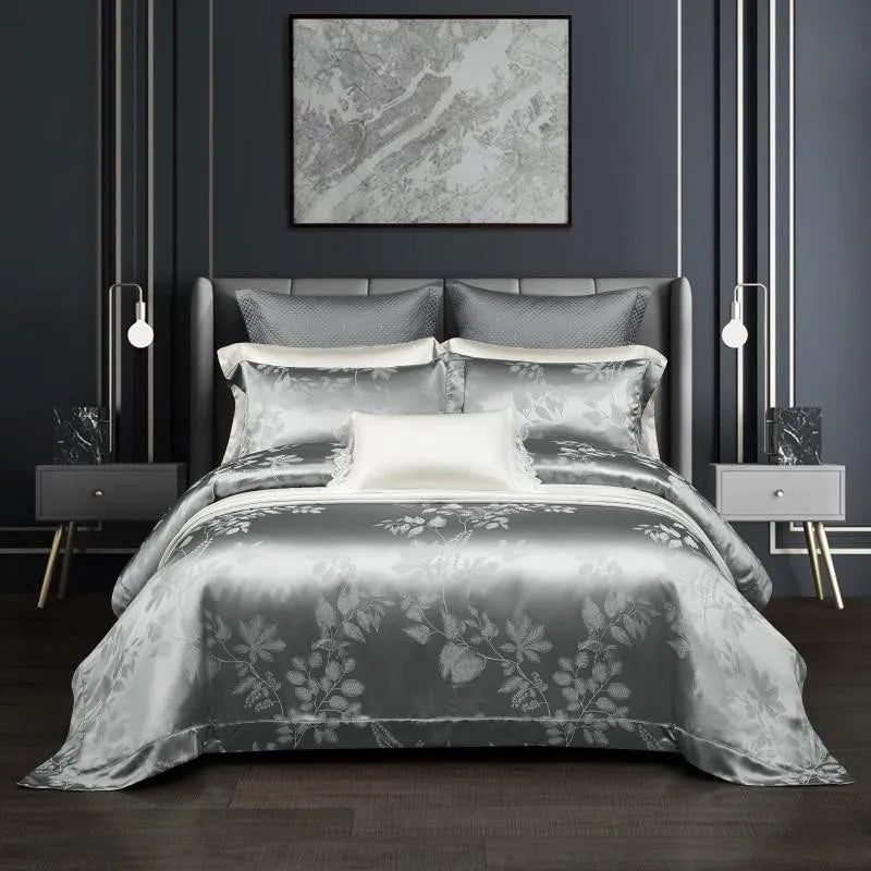 100% Pure Mulberry Nature Silk Jacquard Duvet Cover King size 4Pcs Luxury Silk Bedding Set Flat Bed Sheet,Pillowcases Cool Soft