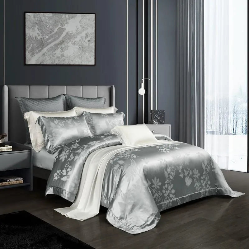 100% Pure Mulberry Nature Silk Jacquard Duvet Cover King size 4Pcs Luxury Silk Bedding Set Flat Bed Sheet,Pillowcases Cool Soft