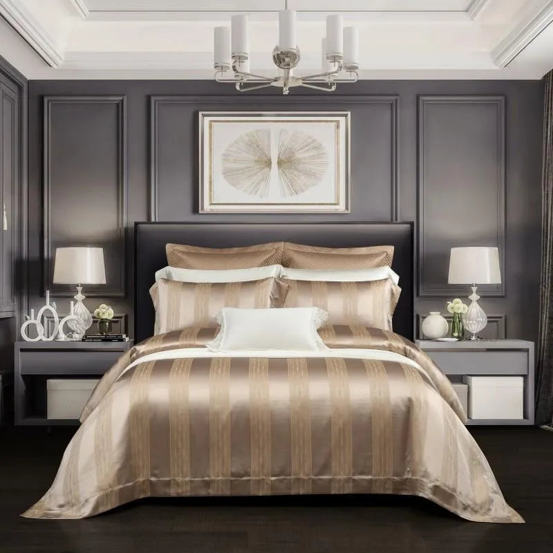 100% Pure Mulberry Nature Silk Jacquard Duvet Cover King size 4Pcs Luxury Silk Bedding Set Flat Bed Sheet,Pillowcases Cool Soft