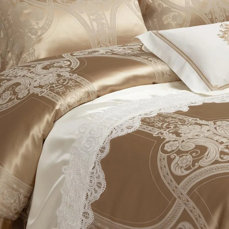 100% Pure Mulberry Nature Silk Jacquard Duvet Cover King size 4Pcs Luxury Silk Bedding Set Flat Bed Sheet,Pillowcases Cool Soft