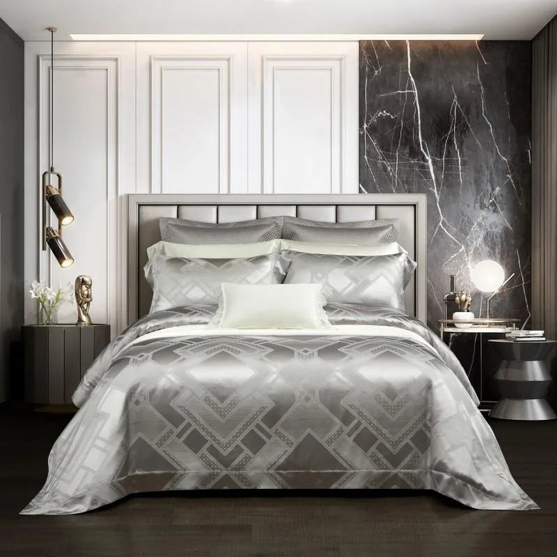 100% Pure Mulberry Nature Silk Jacquard Duvet Cover King size 4Pcs Luxury Silk Bedding Set Flat Bed Sheet,Pillowcases Cool Soft