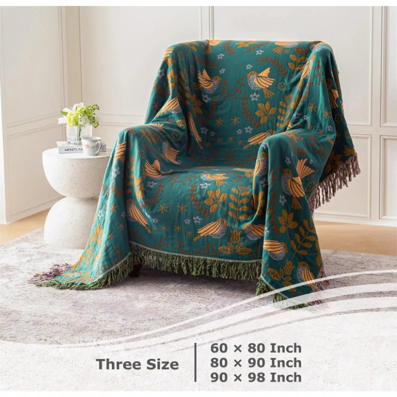 Boho Bed Throw Super Soft Country Quilt Bird Print Farmhouse Decorative Bed Blanket Four Seasons Country Style Sofa Blanket