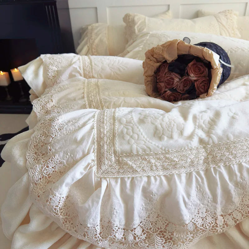 Vintage French Style Princess Lace Ruffles Carved Velvet Bedding Set Duvet Cover Bed Sheet/Fitted Sheet/Bed Skirt Pillowcases
