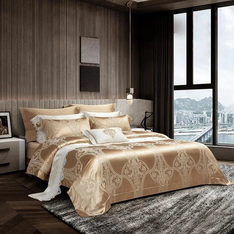 100% Pure Mulberry Nature Silk Jacquard Duvet Cover King size 4Pcs Luxury Silk Bedding Set Flat Bed Sheet,Pillowcases Cool Soft