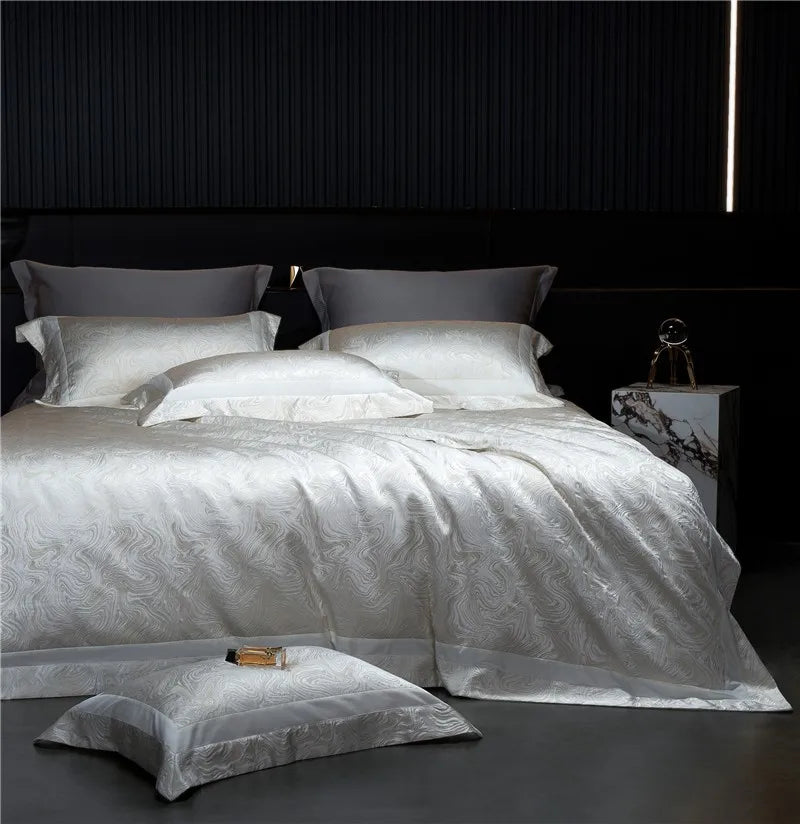Water Patterned Jacquard 1000TC Eyptian Cotton Bedding White Rich Silk Silky Soft Wrinkle Free Duvet cover Flat sheet Pillowcase