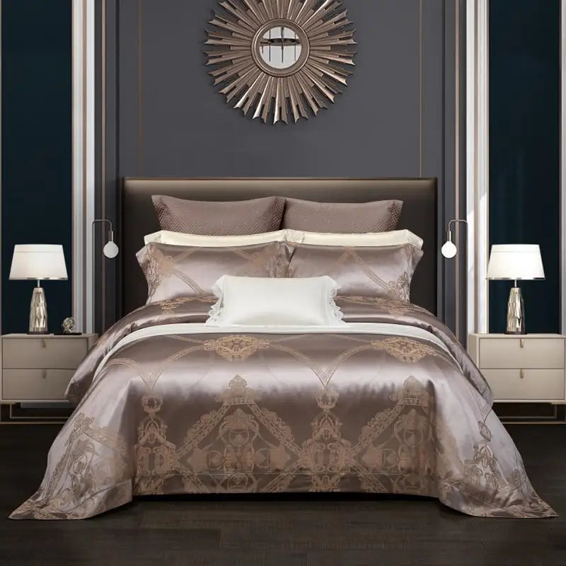 100% Pure Mulberry Nature Silk Jacquard Duvet Cover King size 4Pcs Luxury Silk Bedding Set Flat Bed Sheet,Pillowcases Cool Soft