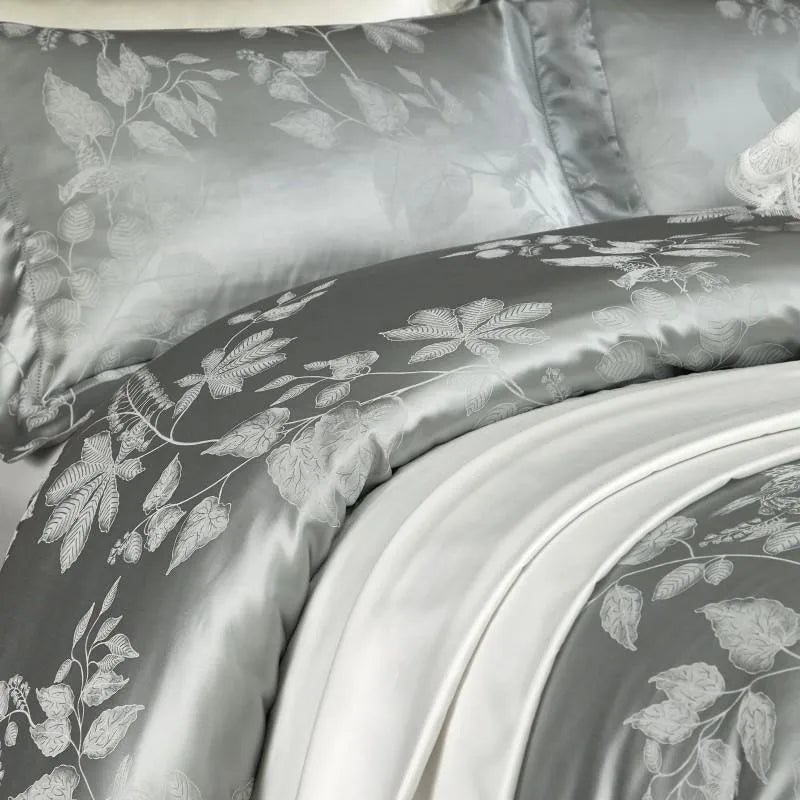 100% Pure Mulberry Nature Silk Jacquard Duvet Cover King size 4Pcs Luxury Silk Bedding Set Flat Bed Sheet,Pillowcases Cool Soft