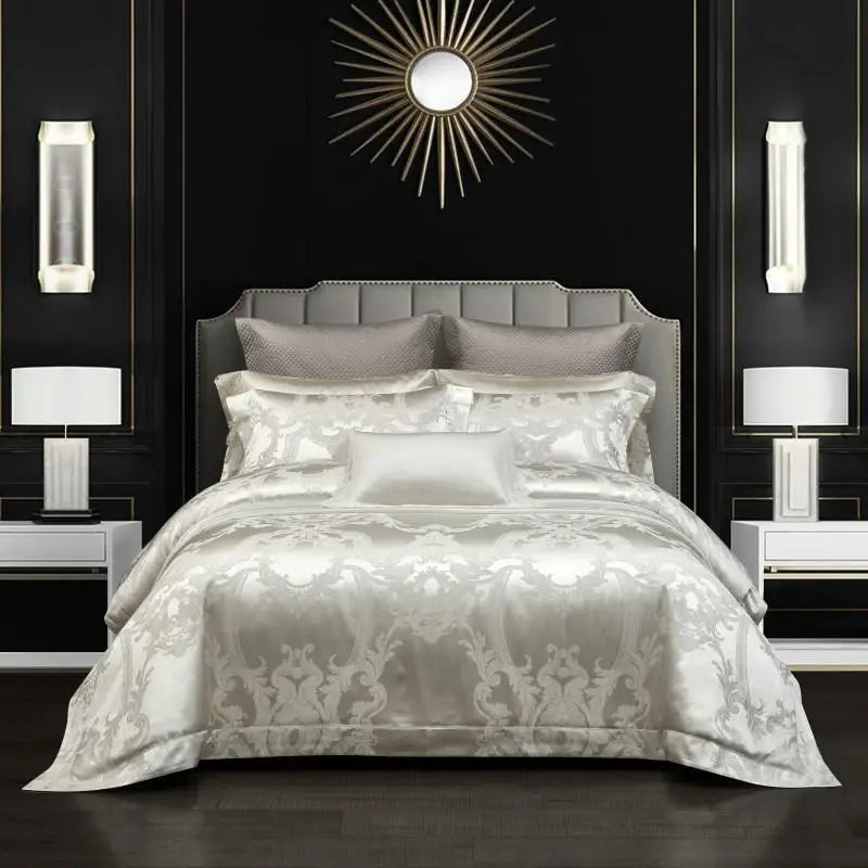 100% Pure Mulberry Nature Silk Jacquard Duvet Cover King size 4Pcs Luxury Silk Bedding Set Flat Bed Sheet,Pillowcases Cool Soft
