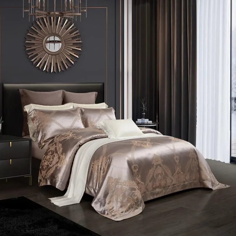 100% Pure Mulberry Nature Silk Jacquard Duvet Cover King size 4Pcs Luxury Silk Bedding Set Flat Bed Sheet,Pillowcases Cool Soft