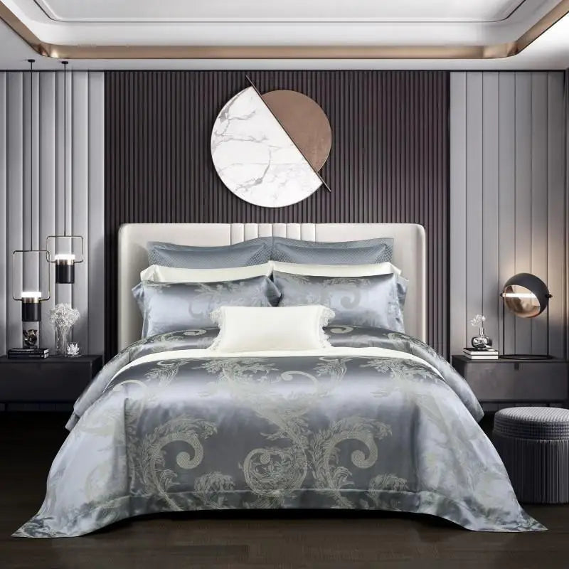 100% Pure Mulberry Nature Silk Jacquard Duvet Cover King size 4Pcs Luxury Silk Bedding Set Flat Bed Sheet,Pillowcases Cool Soft