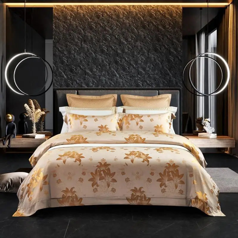 100% Pure Mulberry Nature Silk Jacquard Duvet Cover King size 4Pcs Luxury Silk Bedding Set Flat Bed Sheet,Pillowcases Cool Soft